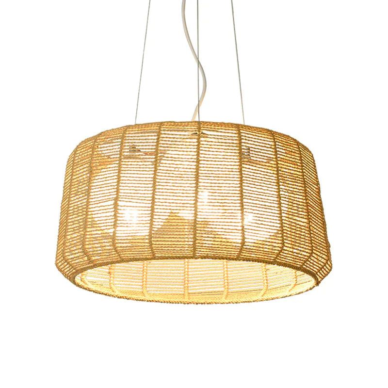 3 - Light Guest Room Ceiling Chandelier Chinese Beige Pendant Light With Drum Bamboo Cage