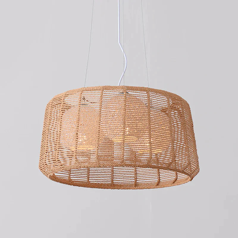 3 - Light Guest Room Ceiling Chandelier Chinese Beige Pendant Light With Drum Bamboo Cage