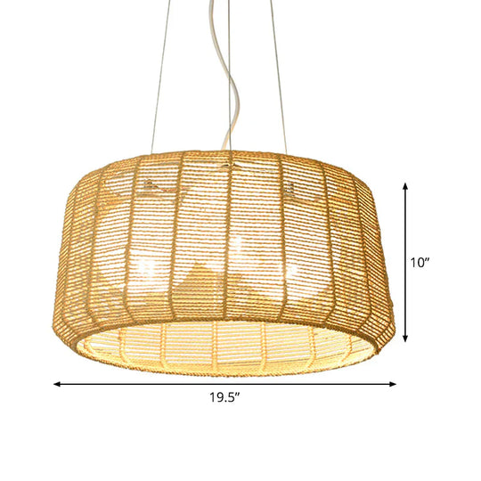3 - Light Guest Room Ceiling Chandelier Chinese Beige Pendant Light With Drum Bamboo Cage