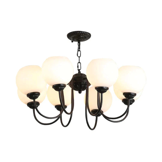 8 Lights Globe Chandelier Pendant Light Traditional Black Finish White Glass Up Hanging Lamp