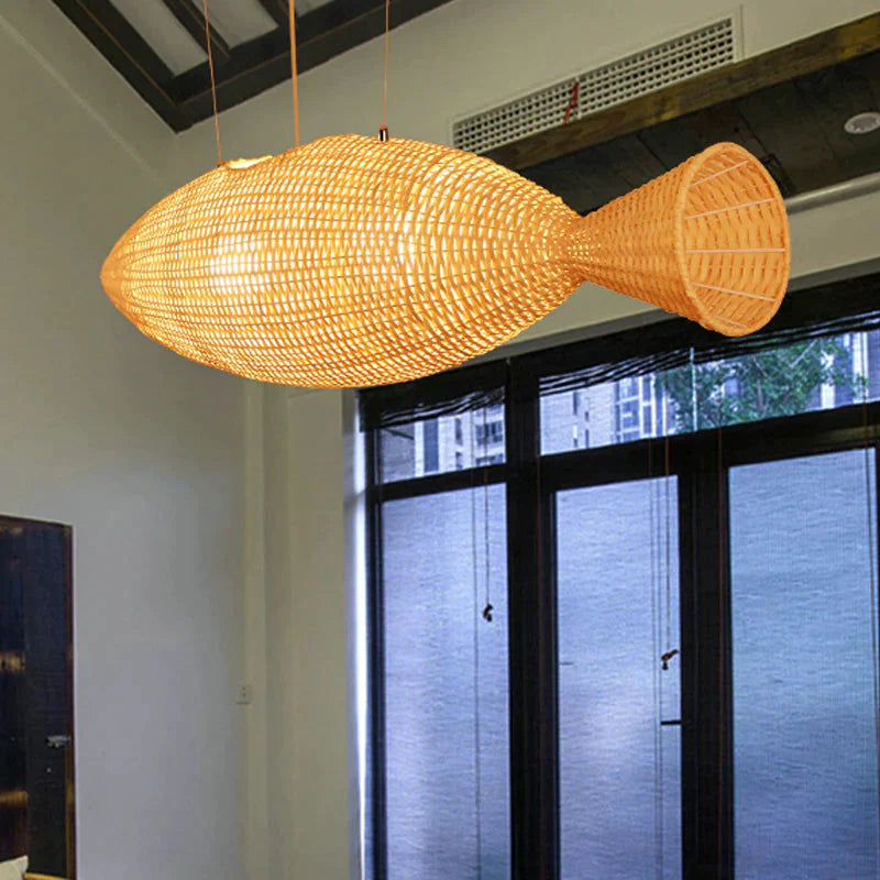 Hand Weaving Fish Bamboo Drop Lamp Chinese 2 Bulbs Beige Pendant Chandelier For Restaurant