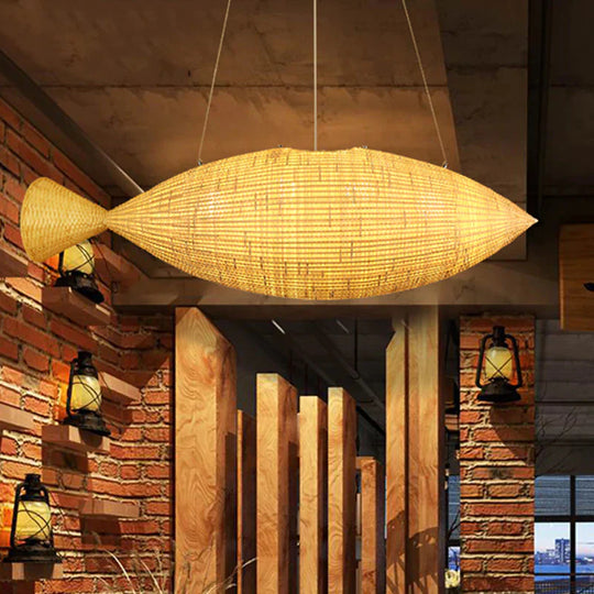 Hand Weaving Fish Bamboo Drop Lamp Chinese 2 Bulbs Beige Pendant Chandelier For Restaurant