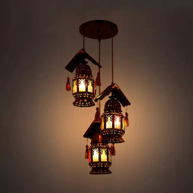Lantern Metallic Chandelier Lamp Decorative 3 Heads Living Room Hanging Light Fixture In Bronze