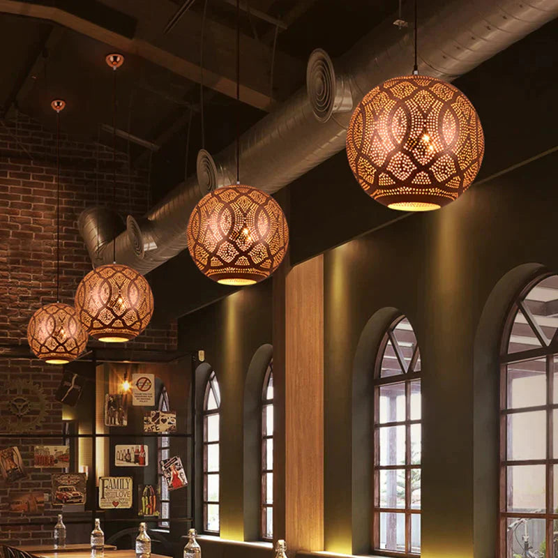 Rose Gold Etched Sphere Restaurant Pendant Light Metal Ceiling Chandelier