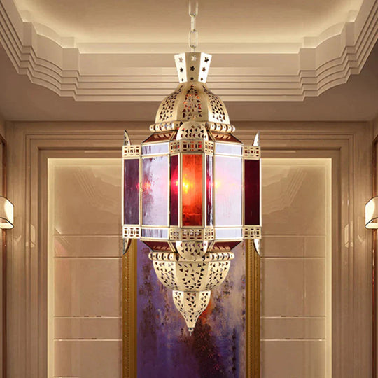 Lantern Red Glass Suspension Pendant Arab 3 Heads Living Room Chandelier In Brass With Hollow - Out