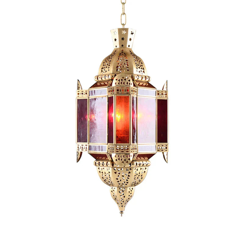 Lantern Red Glass Suspension Pendant Arab 3 Heads Living Room Chandelier In Brass With Hollow - Out