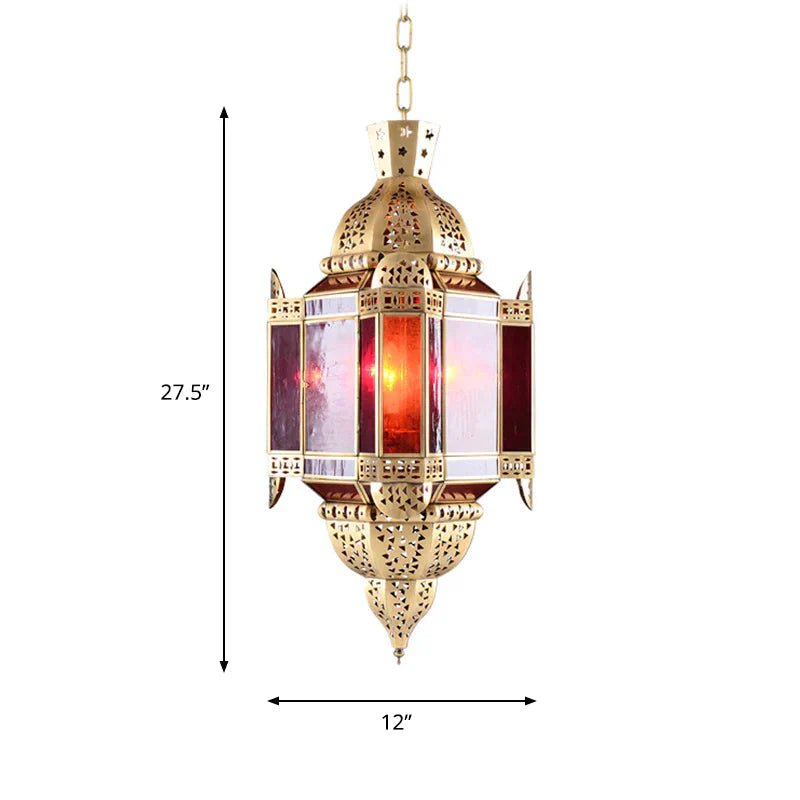 Lantern Red Glass Suspension Pendant Arab 3 Heads Living Room Chandelier In Brass With Hollow - Out