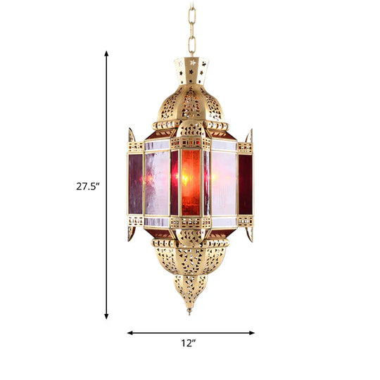 Lantern Red Glass Suspension Pendant Arab 3 Heads Living Room Chandelier In Brass With Hollow - Out