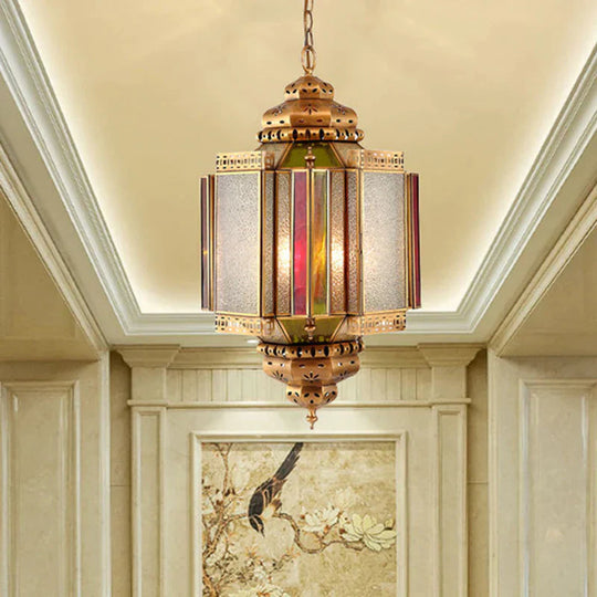4 Lights Ceiling Chandelier Classic Porch Hanging Lamp With Lantern Frosted Glass Shade In Brass