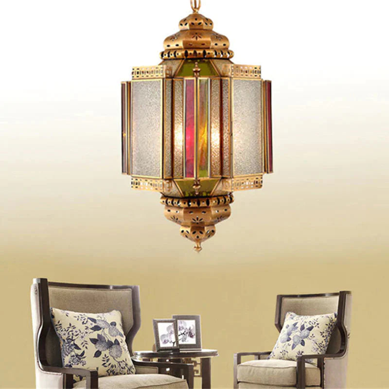 4 Lights Ceiling Chandelier Classic Porch Hanging Lamp With Lantern Frosted Glass Shade In Brass