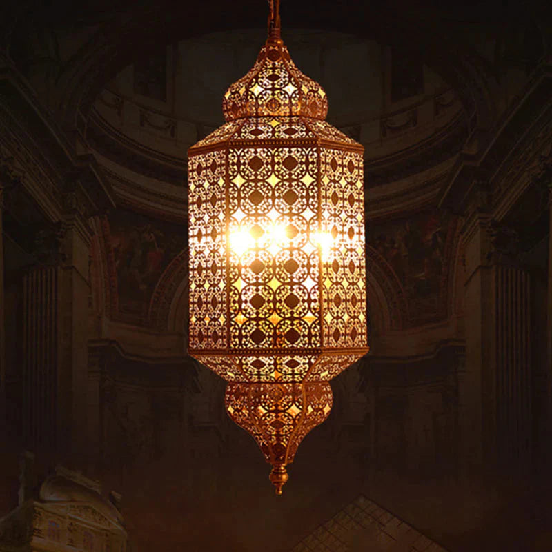 Arab Hexagonal Chandelier Light 3 - Bulb Metal Hanging Pendant In Brass With Hollow - Out Design