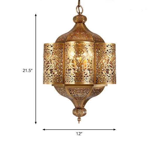 3 Heads Etched Lantern Pendant Lamp Arab Style Brass Metal Hanging Chandelier For Corridor