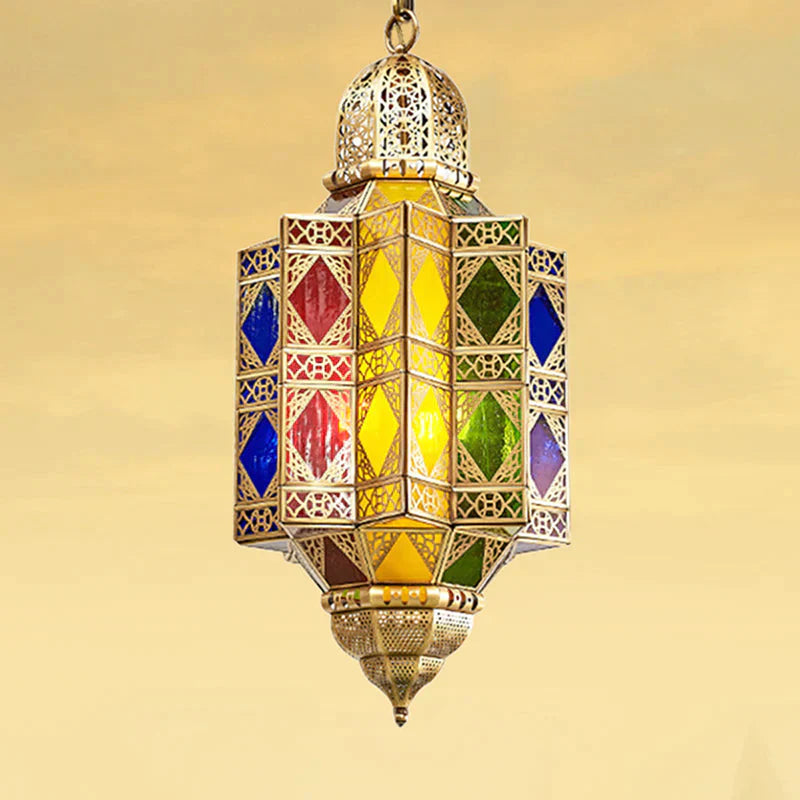 Metallic Brass Chandelier Light Fixture Lantern Shaped 3 Heads Traditional Hanging Pendant For