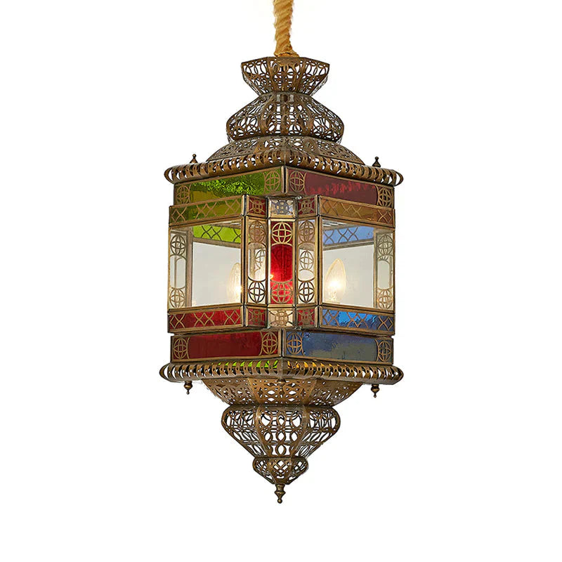 Cut Glass Lantern Drop Pendant Country Style 3 Heads Bedroom Chandelier Lamp In Brass