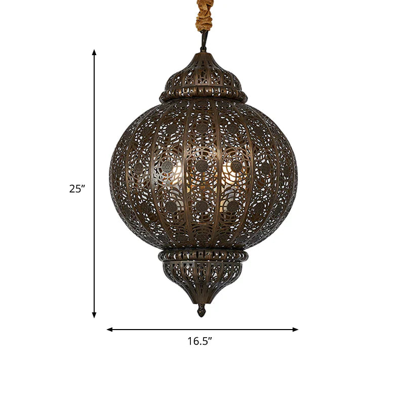 3 Heads Metal Suspension Light Country Bronze Finish Etched Sphere Corridor Chandelier