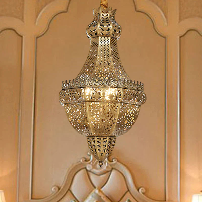 3 - Light Chandelier Lighting Rustic Bedroom Suspension Pendant With Basket Metal Shade In Brass