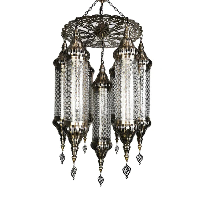 Arab Cylinder Hanging Lamp 7 Heads Clear Crackle Glass Chandelier Lighting Fixture In Bronze