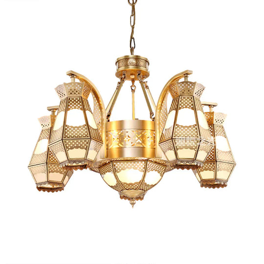 8 Heads Diamond Pendant Chandelier Arab Style Brass Opal Glass Hanging Light Fixture With Curved Arm