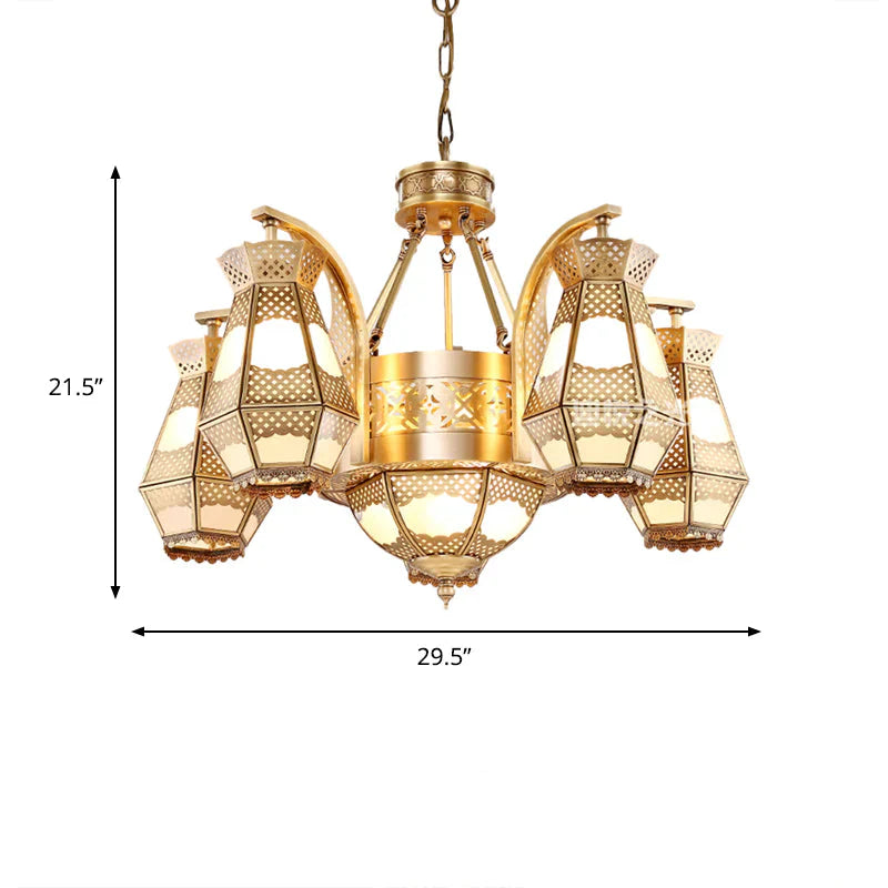 8 Heads Diamond Pendant Chandelier Arab Style Brass Opal Glass Hanging Light Fixture With Curved Arm