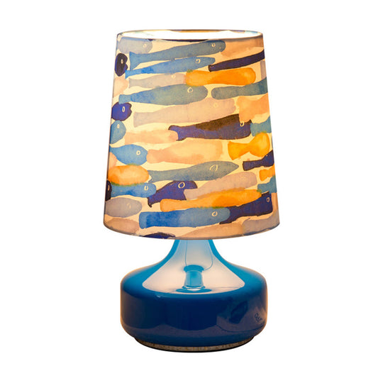 Janine - Kids Barrel Table Lamp Fabric 1 Bulb Dark Blue Reading Book Light With Fish School Pattern