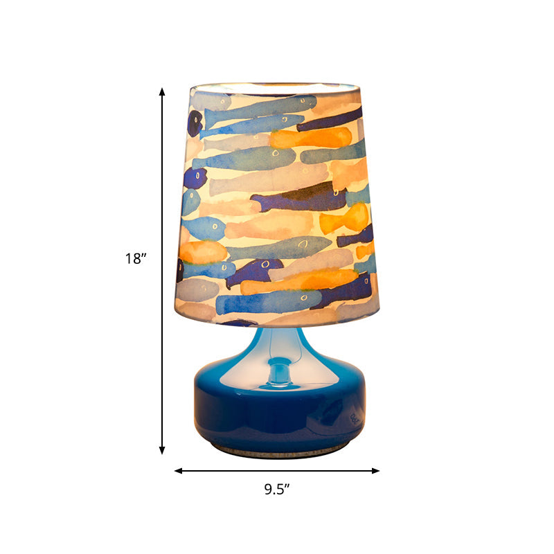 Janine - Kids Barrel Table Lamp Fabric 1 Bulb Dark Blue Reading Book Light With Fish School Pattern