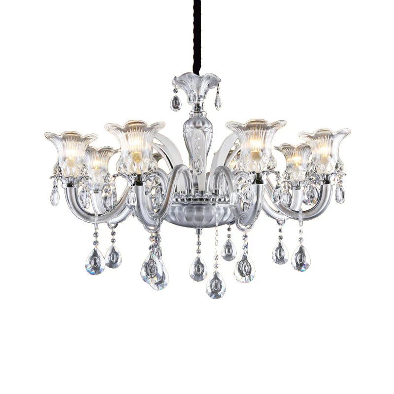 Silver 6/8 Lights Chandelier Light Traditional Clear Ribbed Glass Flower Pendant Lamp With Crystal