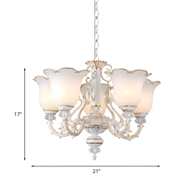 Cream Glass Floral Chandelier Light Traditional 3/5/6 Lights Bedroom Suspension Pendant In Beige