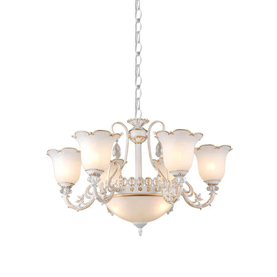 Cream Glass Floral Chandelier Light Traditional 3/5/6 Lights Bedroom Suspension Pendant In Beige