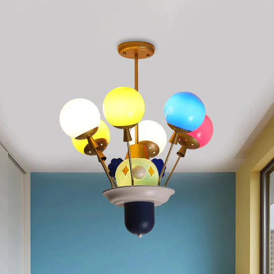 Clown And Balloon Chandelier Kids White/Blue - Pink - Yellow Glass 6 Bulbs Play Room Hanging