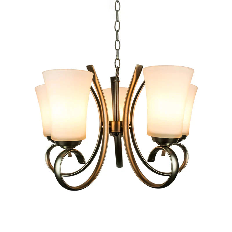 3 Lights Curving Hanging Lamp Vintage Brass Frosted Glass Chandelier Pendant Light For Restaurant