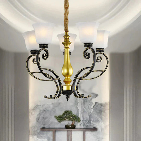 Classic Bell Ceiling Chandelier 5 - Bulb Opal Glass Pendant In Black And Gold With Scrolling Arm