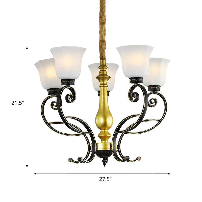 Classic Bell Ceiling Chandelier 5 - Bulb Opal Glass Pendant In Black And Gold With Scrolling Arm