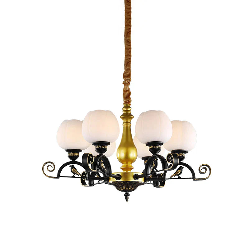 Bloom Study Pendant Chandelier Retro Opal Glass 6 - Light Black And Gold Ceiling Light With Bird