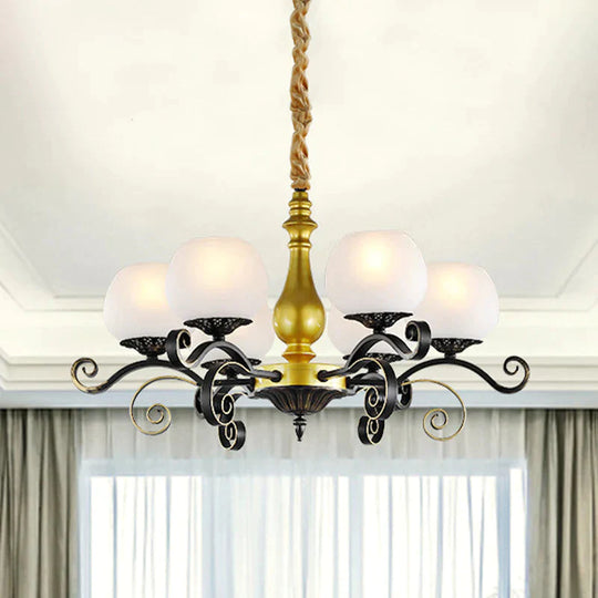 6 Lights Hanging Lighting Antique Scrolled Arm White Glass Chandelier Lamp Fixture In Black And