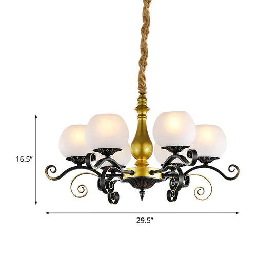 6 Lights Hanging Lighting Antique Scrolled Arm White Glass Chandelier Lamp Fixture In Black And Gold