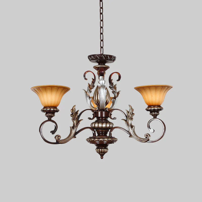 Traditionalist Bell Pendant Light 3 Lights Amber Glass Chandelier Lamp In Bronze With Carved Design