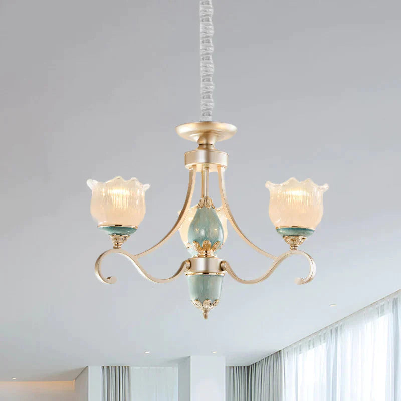 Traditional Floral Ceiling Chandelier 3/5/6 Lights Frosted Glass Pendant Lighting Fixture In Gold