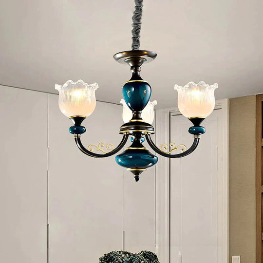 Blossom Living Room Pendulum Light Classic Clear Ribbed Glass 3/6 Lights Black And Blue Chandelier