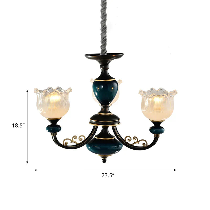 Blossom Living Room Pendulum Light Classic Clear Ribbed Glass 3/6 Lights Black And Blue Chandelier
