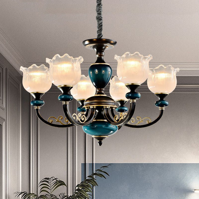 Blossom Living Room Pendulum Light Classic Clear Ribbed Glass 3/6 Lights Black And Blue Chandelier