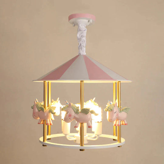 Resin Unicorn Carousel Hanging Lamp Kids 5 - Light Pink/Blue Pendant Chandelier For Child Room