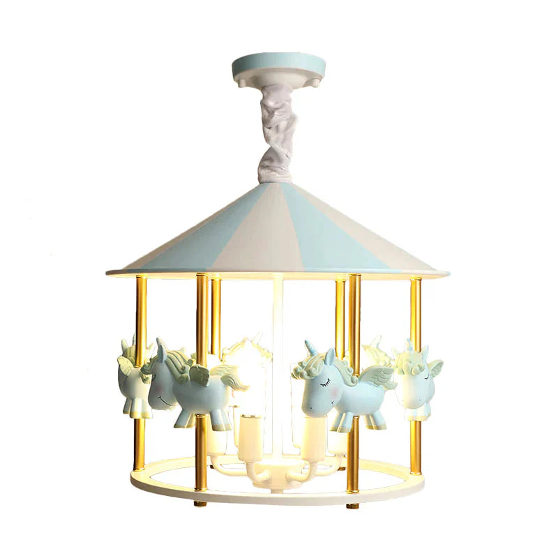 Resin Unicorn Carousel Hanging Lamp Kids 5 - Light Pink/Blue Pendant Chandelier For Child Room