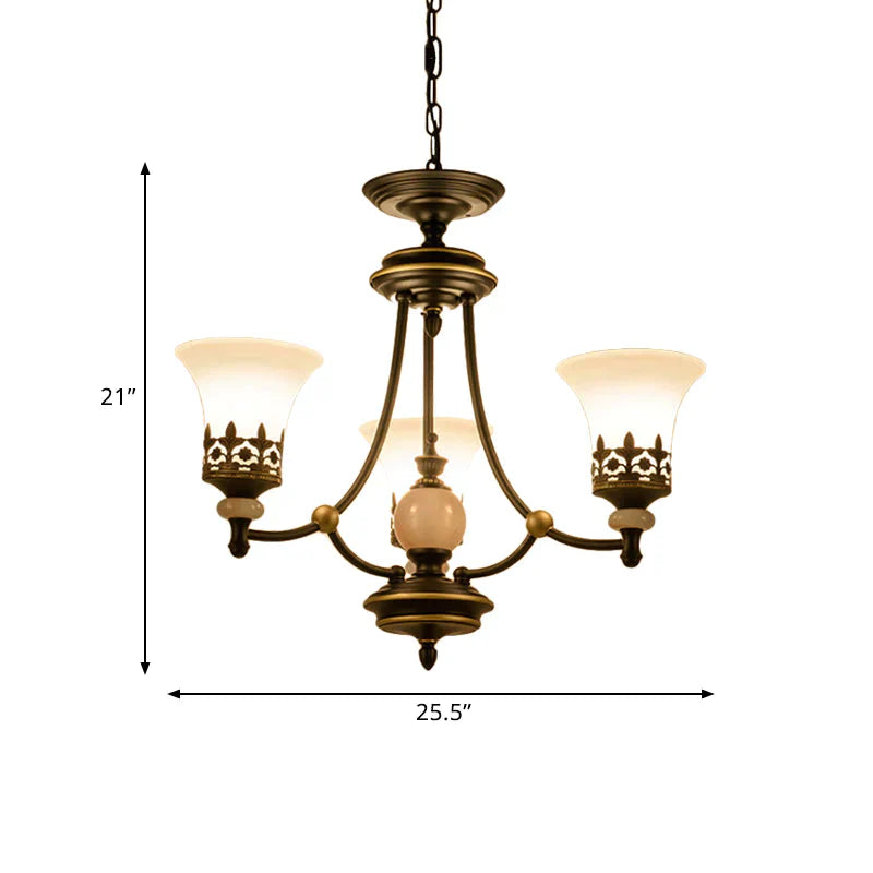 Countryside Bell Up Hanging Lighting 3/6 Lights White Glass Pendant Chandelier In Black And Gold