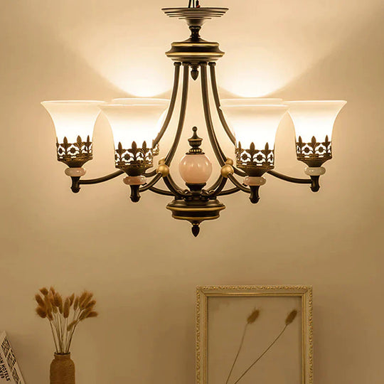 Countryside Bell Up Hanging Lighting 3/6 Lights White Glass Pendant Chandelier In Black And Gold 6
