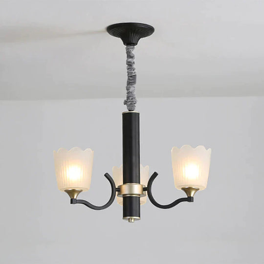 Scalloped Cup Shape Living Room Pendant Traditional Opal Ribbed Glass 3/6/8 - Bulb Black Ceiling