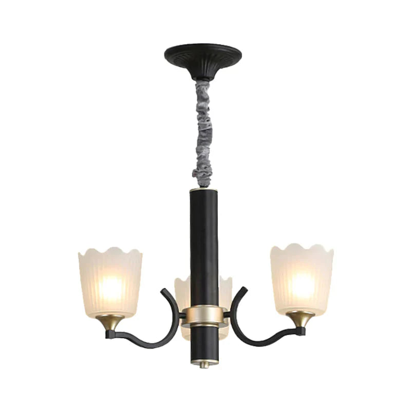 Scalloped Cup Shape Living Room Pendant Traditional Opal Ribbed Glass 3/6/8 - Bulb Black Ceiling