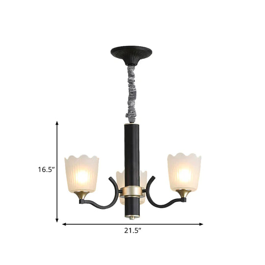 Scalloped Cup Shape Living Room Pendant Traditional Opal Ribbed Glass 3/6/8 - Bulb Black Ceiling