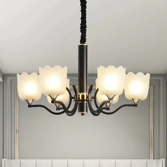 Scalloped Cup Shape Living Room Pendant Traditional Opal Ribbed Glass 3/6/8 - Bulb Black Ceiling