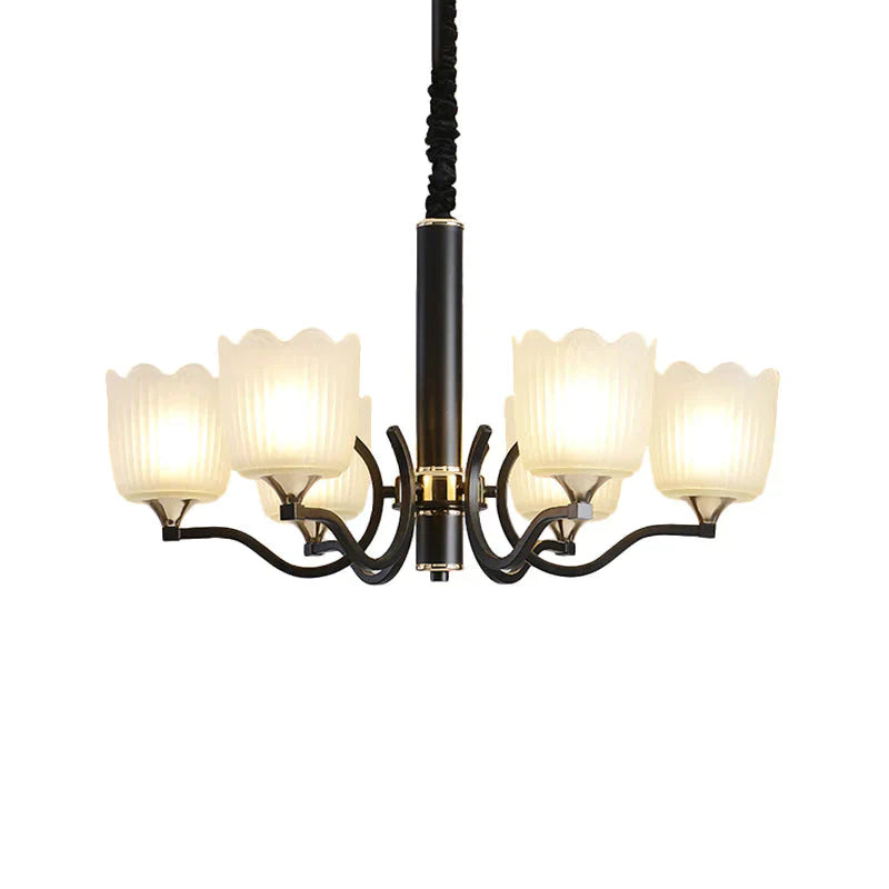 Scalloped Cup Shape Living Room Pendant Traditional Opal Ribbed Glass 3/6/8 - Bulb Black Ceiling