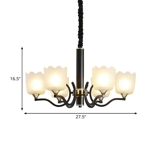 Scalloped Cup Shape Living Room Pendant Traditional Opal Ribbed Glass 3/6/8 - Bulb Black Ceiling